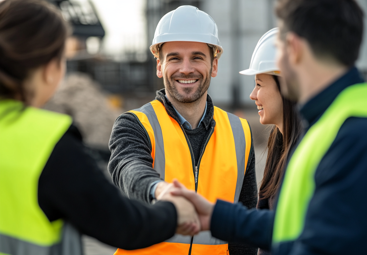 Profissionais da construção civil usando coletes refletivos e capacetes de segurança, sorrindo e apertando as mãos em um canteiro de obras.