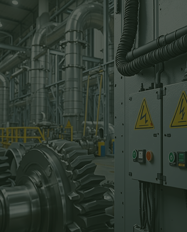 Equipamentos industriais com canos de metal e engrenagens