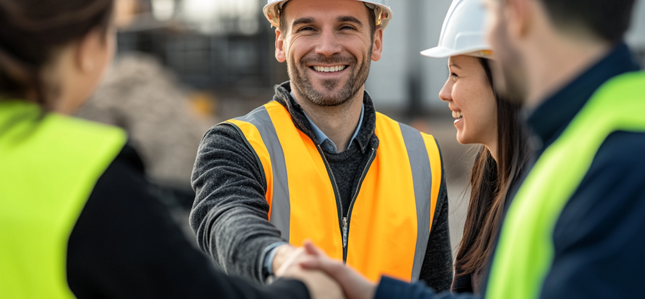 Profissionais da construção civil usando coletes refletivos e capacetes, sorrindo e apertando as mãos em um canteiro de obras